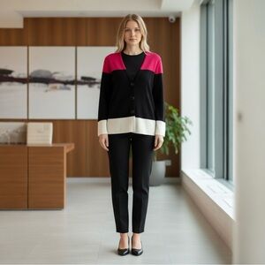 Misook Colorblock Pink Black Ivory Button Front Knit Jacket - Korea - SZ L